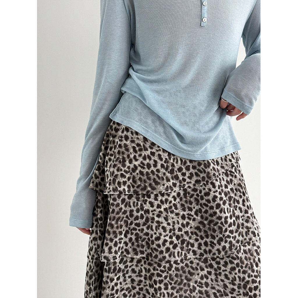 Irregular high-waisted chiffon leopard print skirt women's spring new ruffle leaf edge cake skirt A-shaped skirt