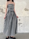 French high-end plaid tube top suspender dress women's spring off-the-shoulder pleated waist a-word long dress