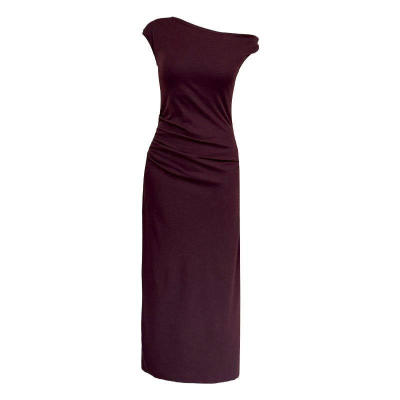 French slanted shoulder irregular waist dress summer off-the-shoulder temperament thin dress