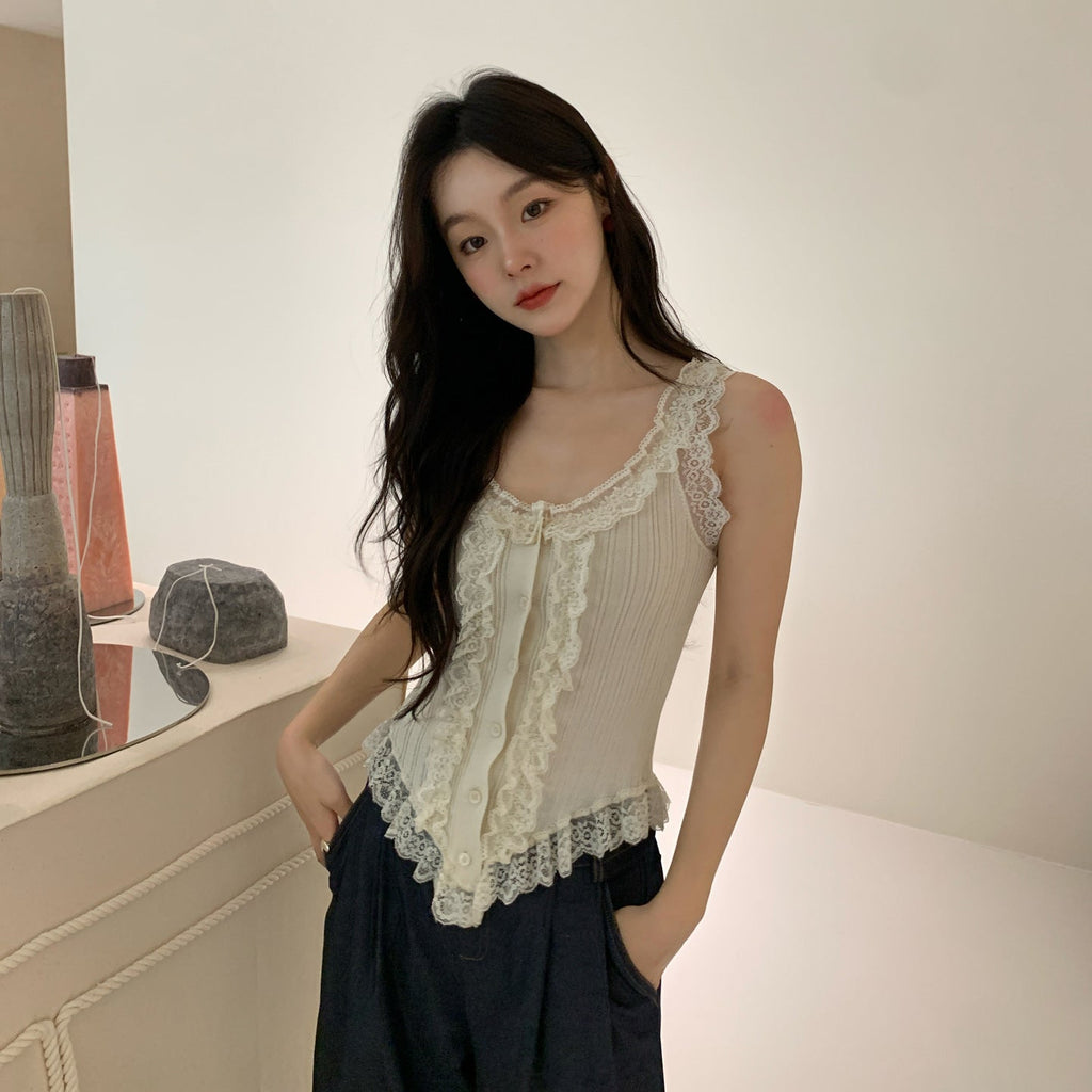 Sweet and spicy stretch slim fit lace fungus edge sling sleeveless vest
