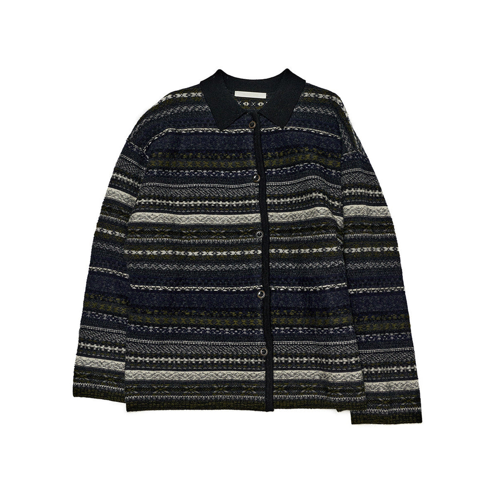 Winter new casual crew neck wool Fair Island floating line jacquard contrasting woolen cardigan