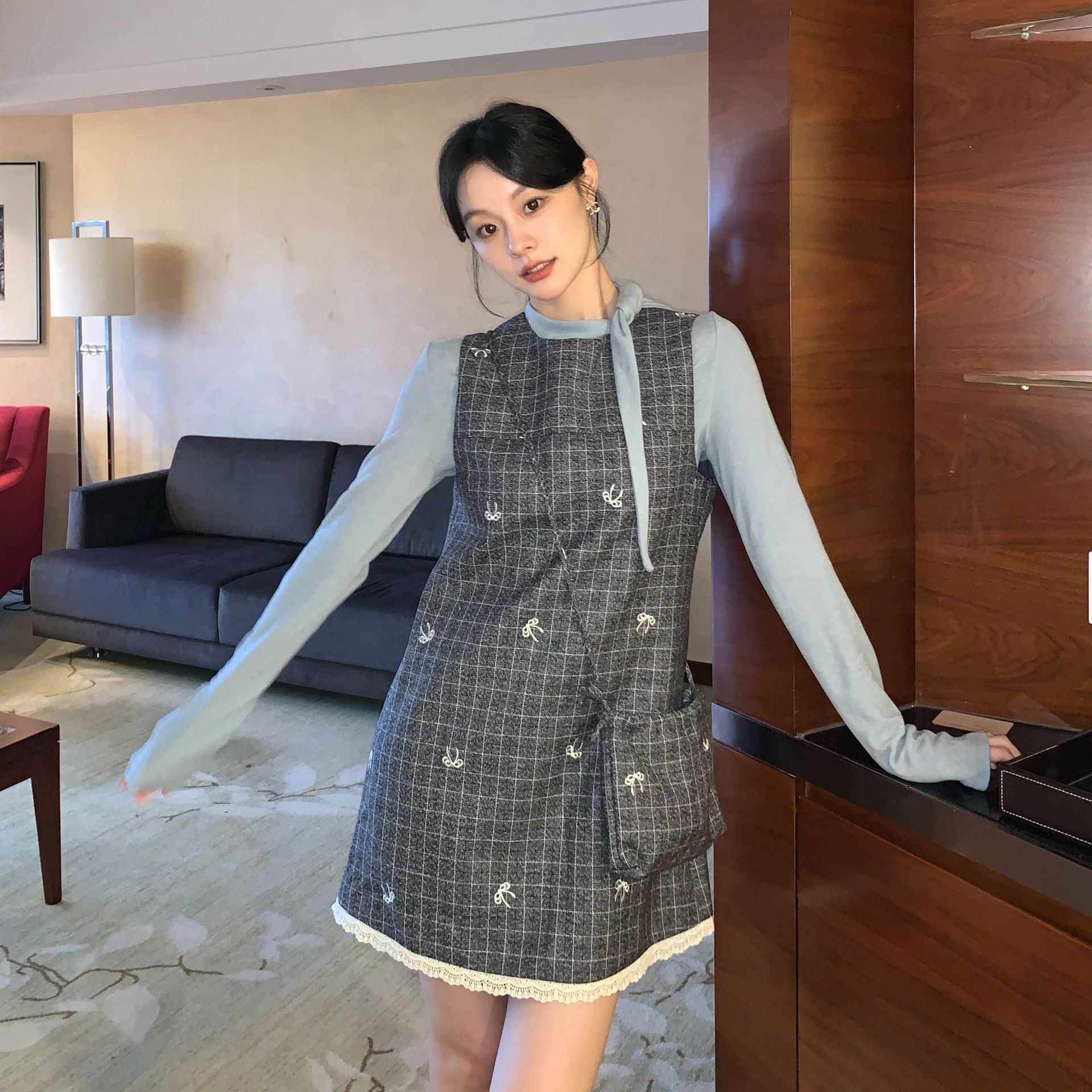 Women's Plaid Sleeveless Vest Midi Dress