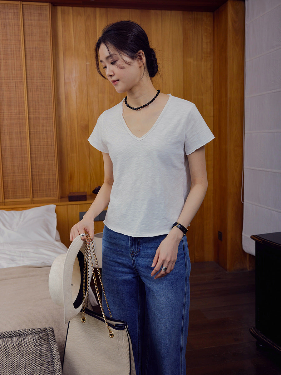 Lazy and relaxed bamboo joint texture soft waxy skin-friendly short-sleeved T-shirt