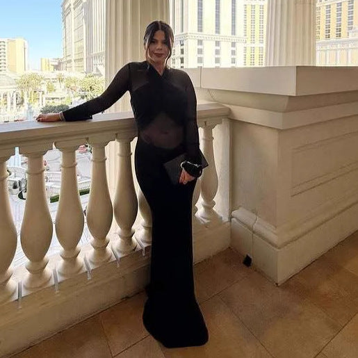 Fashion see-through high-end pleated gal sexy dress