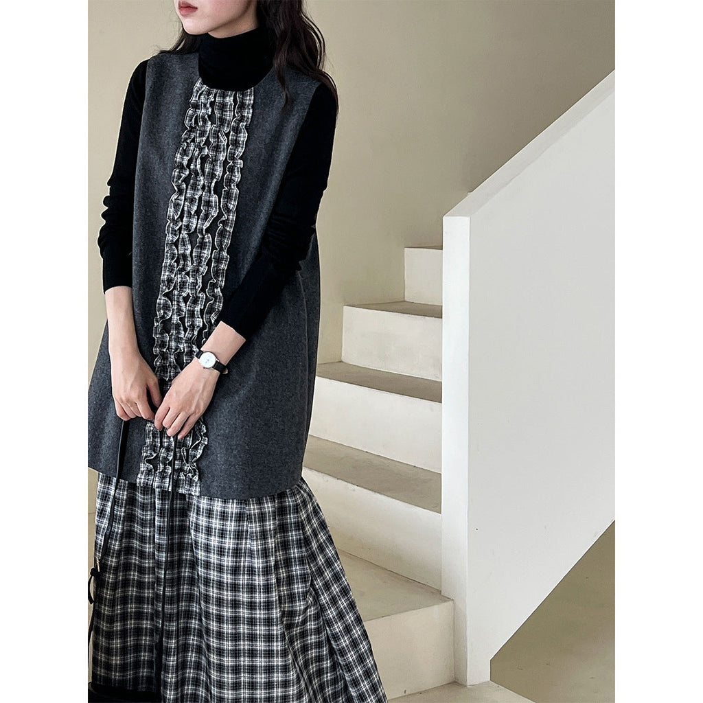 Japanese plaid fungus edge fishtail dress autumn and winter temperament petal woolen vest skirt