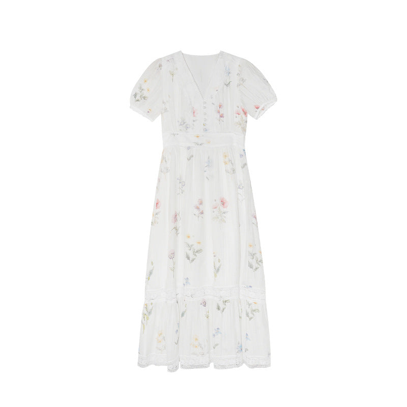 Gentle high-waisted V-neck floral cotton and linen puff sleeve dress