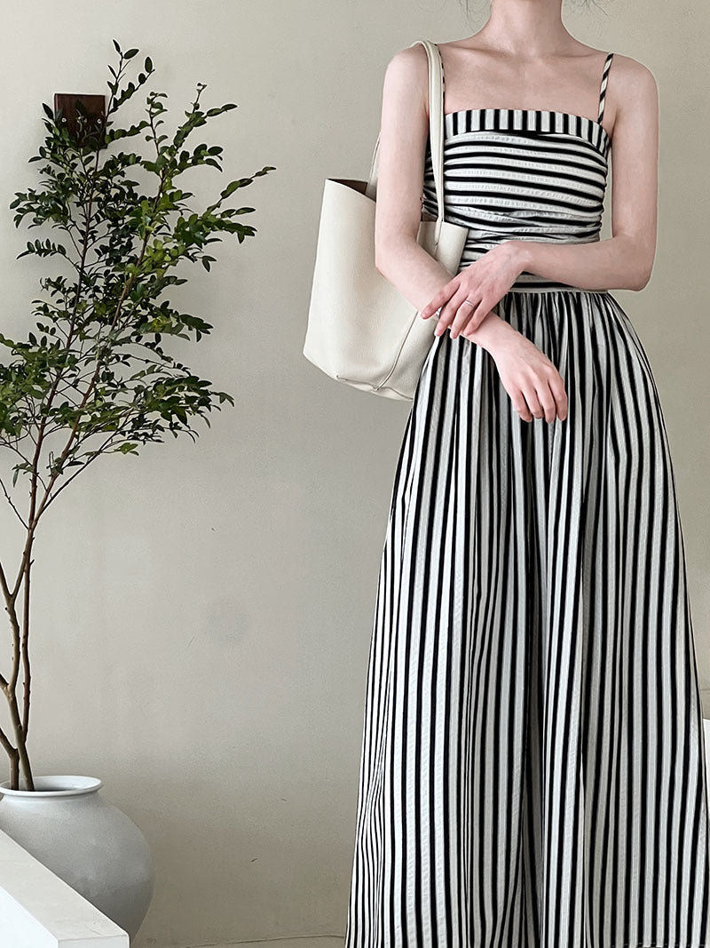 French striped tube top suspender dress for women's high-end off-the-shoulder pleated waist A-word long dress summer