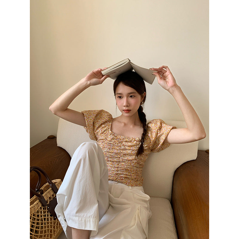 French Floral Pleated Bubble Sleeve Top