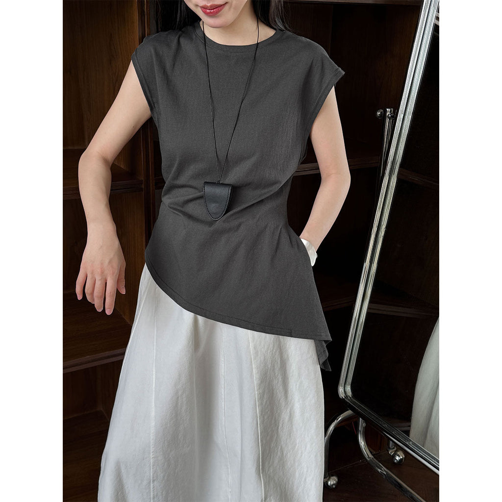 Korean version of simple slim-fitting lace-up short-sleeved women's summer new waist irregular hem T-shirt top