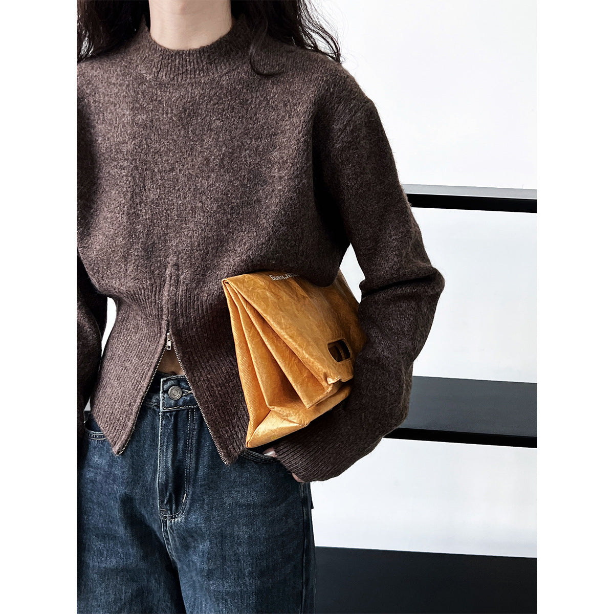 Short zipper sweater foreign high-end niche design round neck pullover top