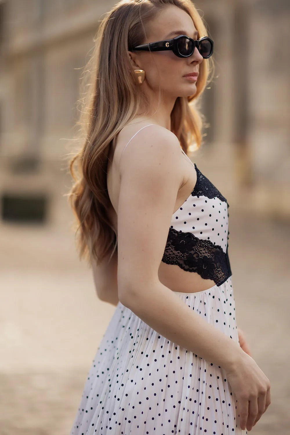 Lace splicing polka dot suspender split skirt French retro dress vacation style dress
