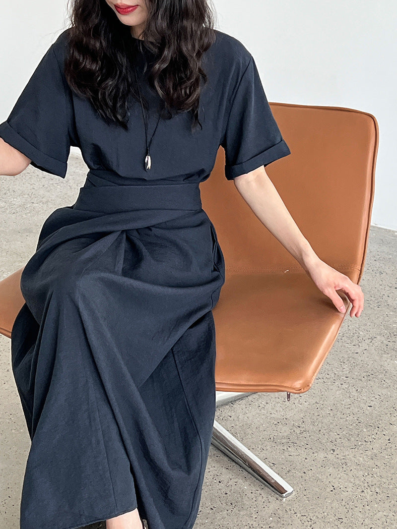 Niche design cross-strap short-sleeved dress spring and summer new waist and thin A-shaped long dress