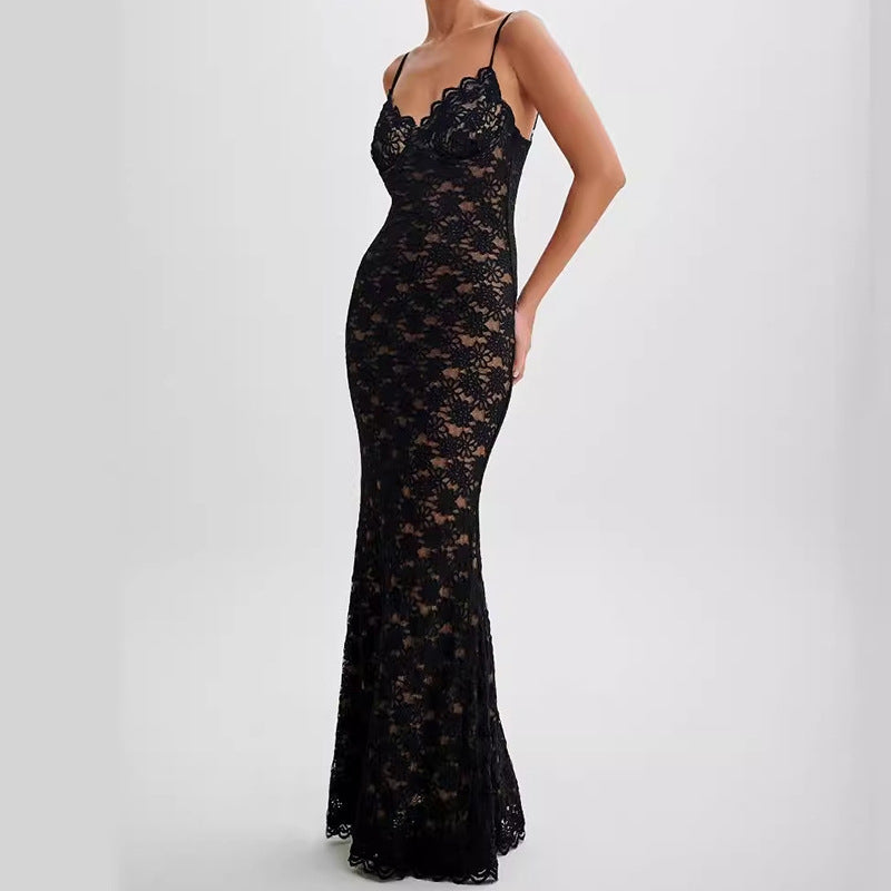 Hollow Lace Dress Female Slim Vacation Style Spice Girl Sexy Suspender Hip Bag Dress