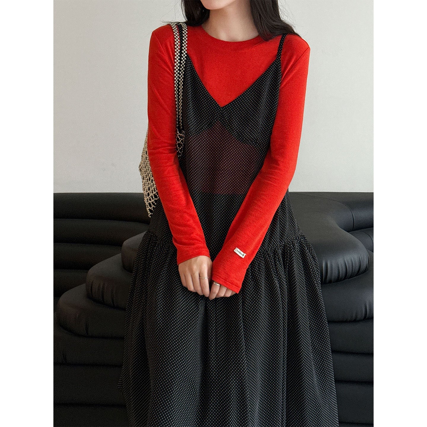 Retro polka dot perspective stacked vest skirt women's 26 early spring new niche lazy wind suspender skirt