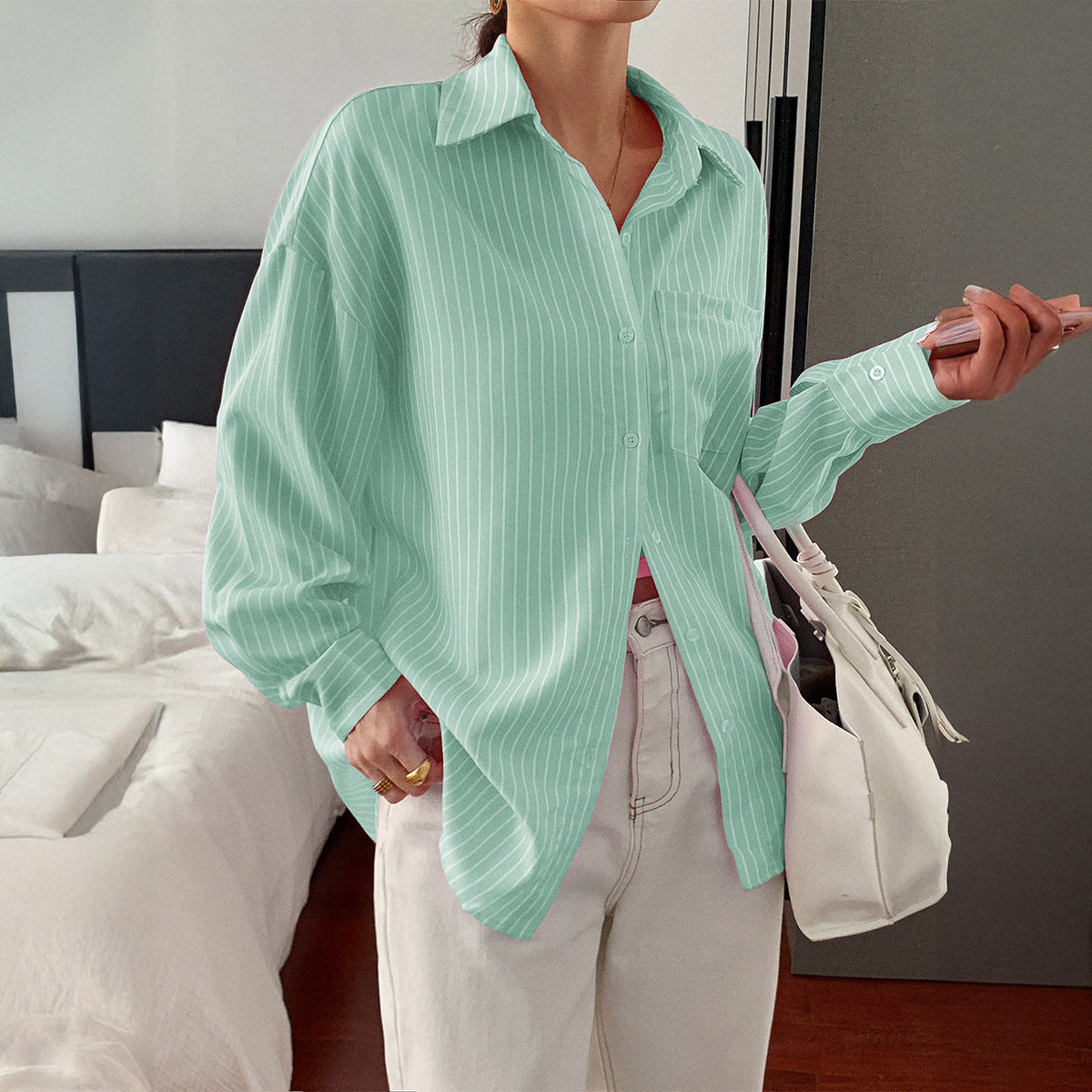 Striped Long Sleeve Blouse Women Loose Fit Round Neck Button-Up Shirt