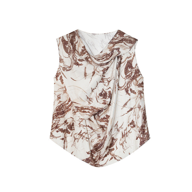 Spring and summer fashion trend French swing neck copper ammonia silk printed sleeveless shirt