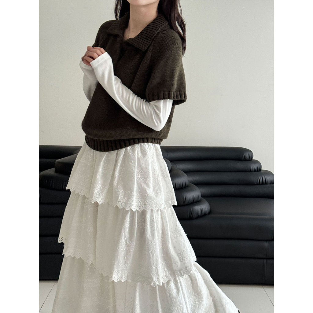 Korean simple Polo neck knitted sweater women's winter new temperament stacked wear thin short-sleeved sweater