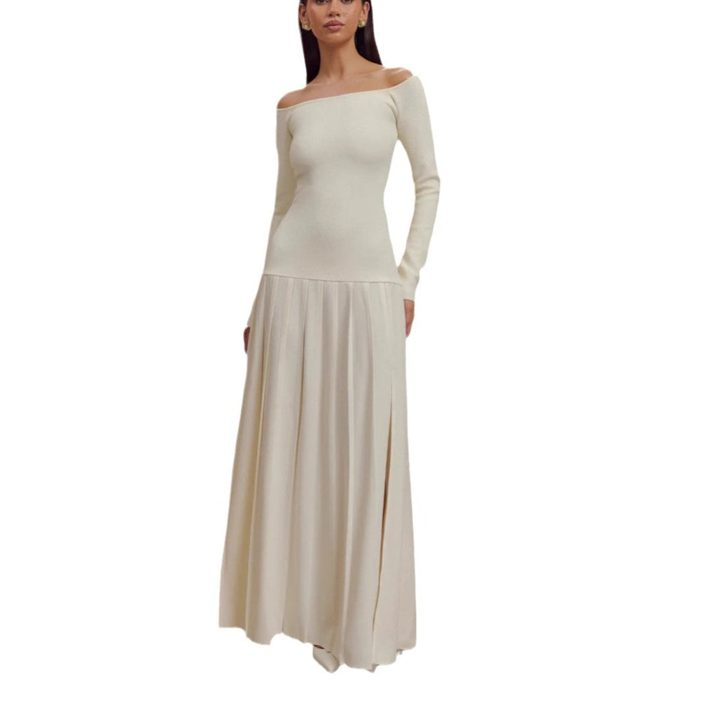 Sexy off-the-shoulder long-sleeved split pleated skirt splicing one-word shoulder European and American dress