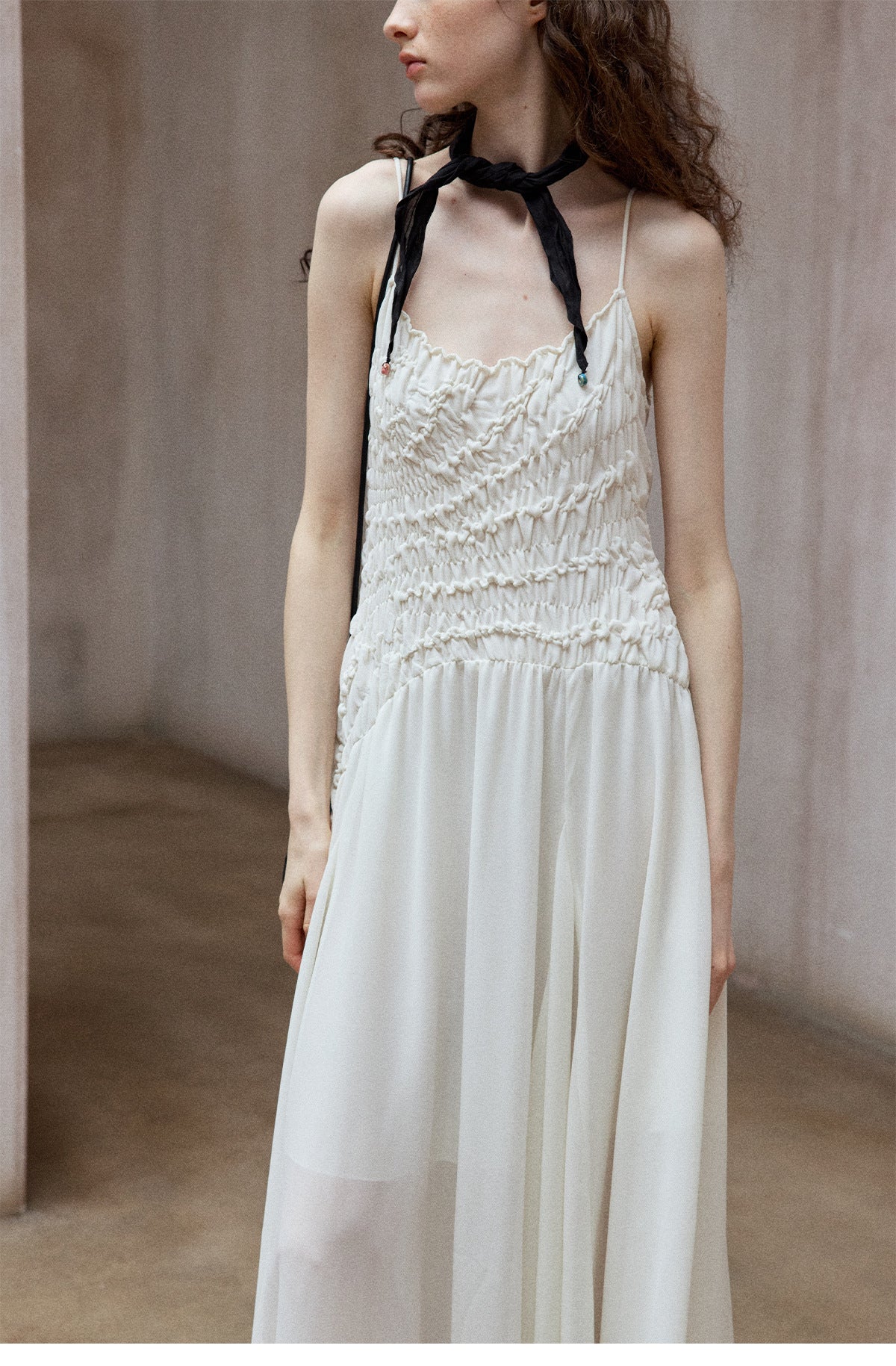 Folded chiffon asymmetric midi skirt atmosphere literary slim elastic suspender dress