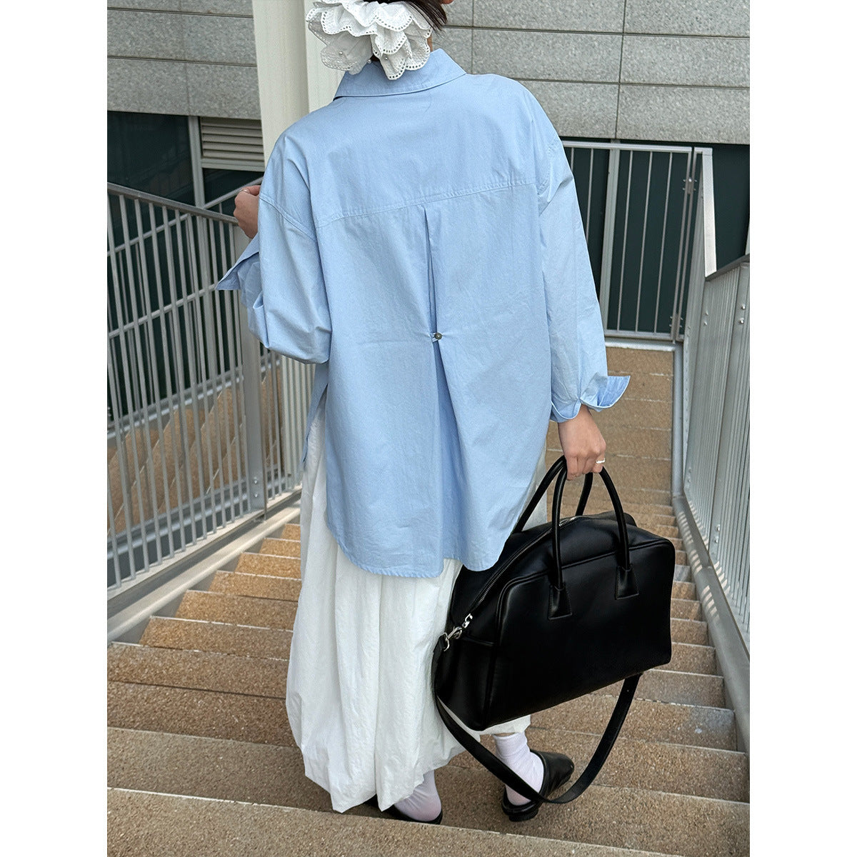 Minimalist high-end design loose long-sleeved shirt women's spring back button waist top