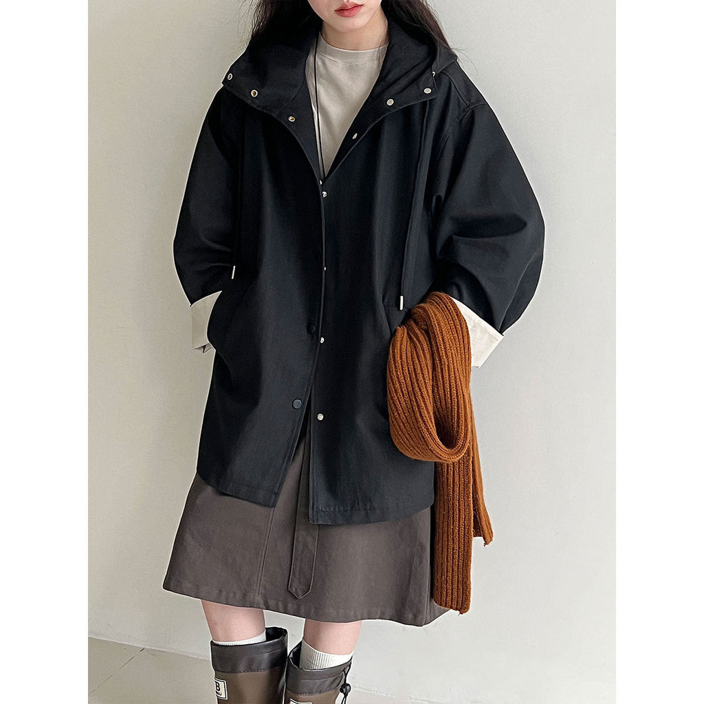 Korean simple contrasting color splicing cuffs casual autumn new hooded loose trench coat
