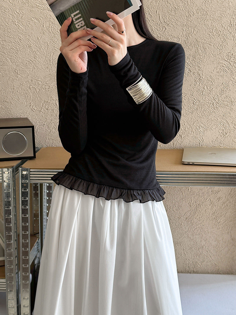 Korean basic lace splicing hem long-sleeved T-shirt women's spring and summer new thin round neck base