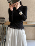 Korean basic lace splicing hem long-sleeved T-shirt women's spring and summer new thin round neck base