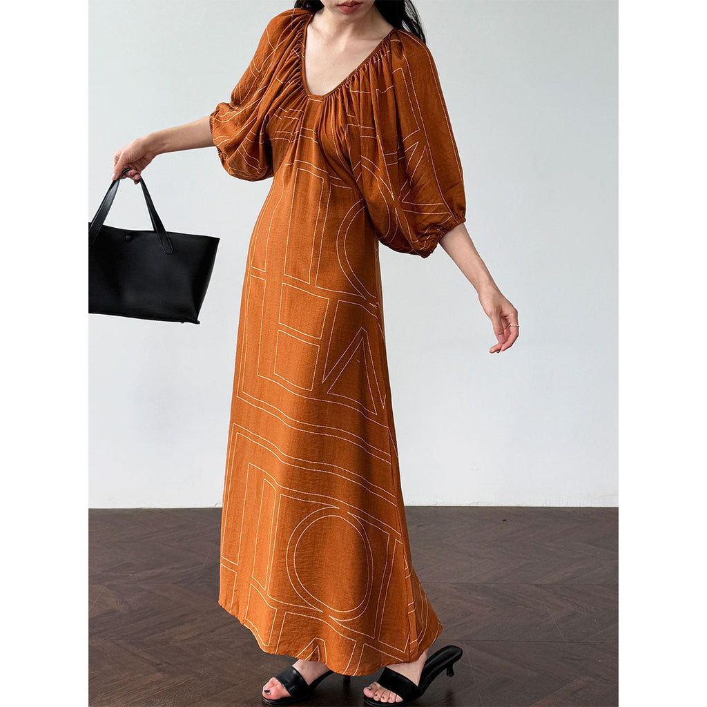 Korean puff sleeve resort style V-neck backless strap skirt summer new puff sleeve dress