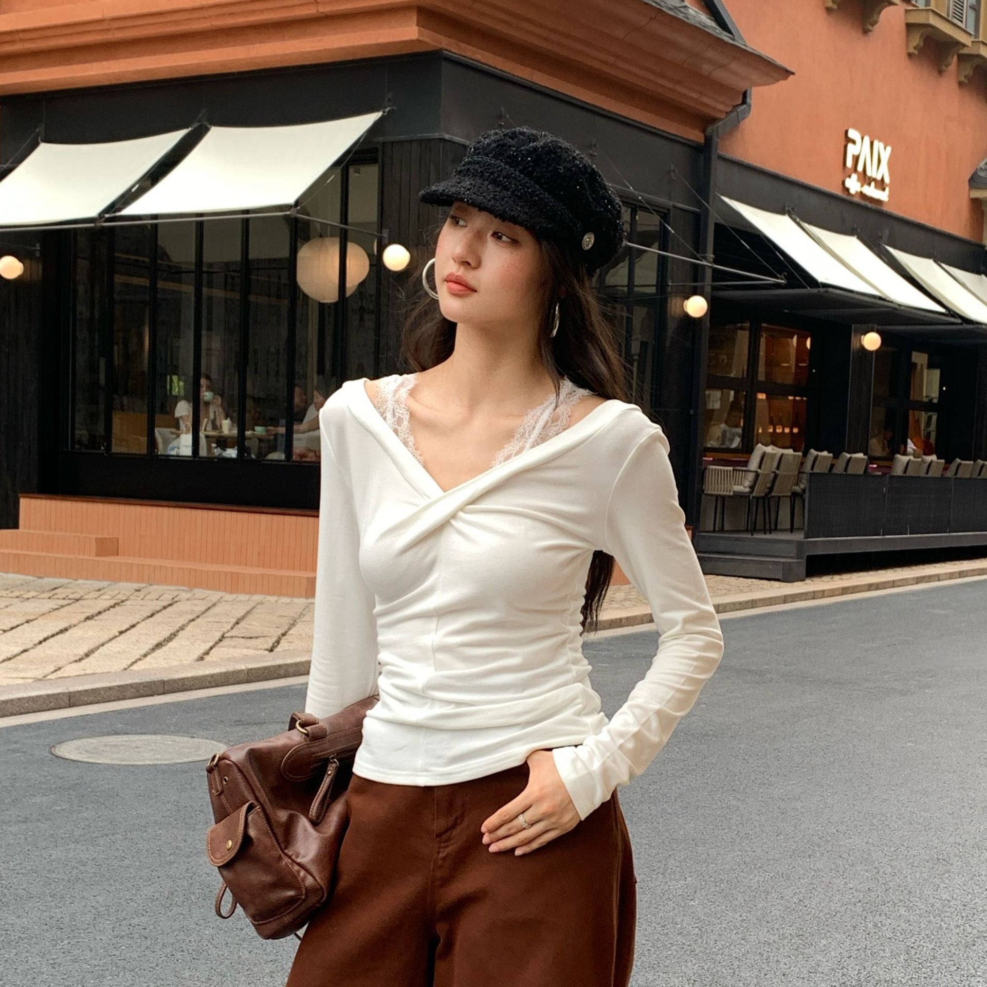 V-Neck Long Sleeve Lace Shoulder Strap Off-Shoulder Top