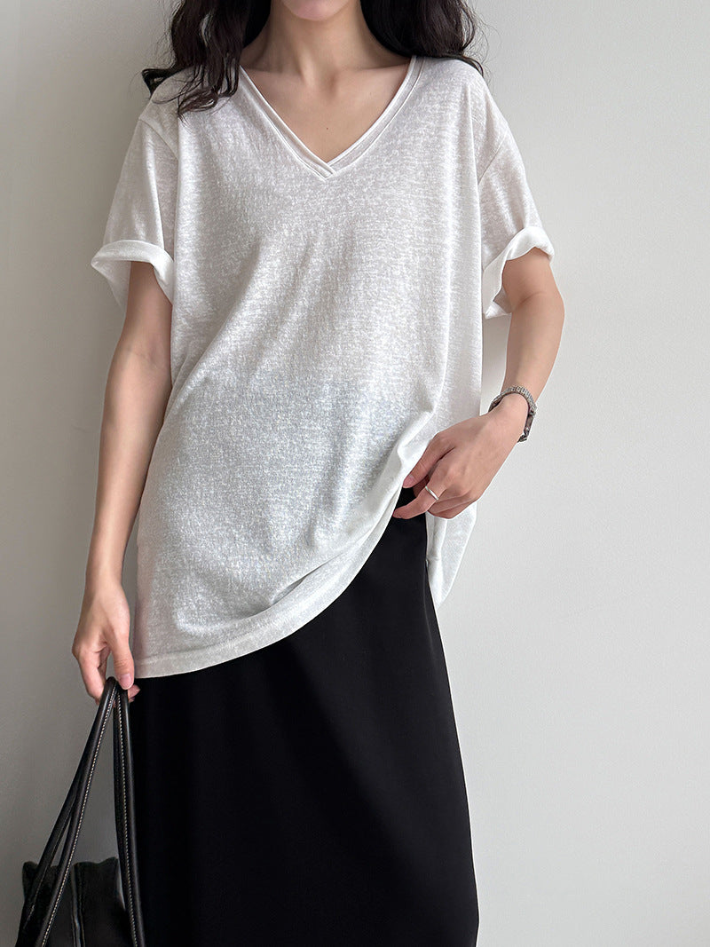 Relaxed fit snowflake texture rolled hem v-neck short sleeve women's summer new loose basic t-shirt top