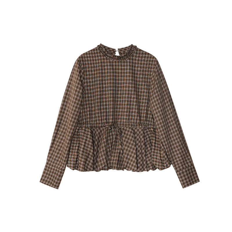 Autumn retro plaid waist design long-sleeved fungus edge stand-up collar shirt