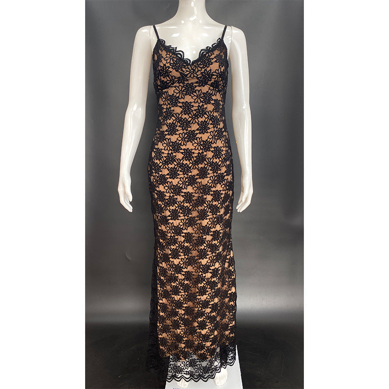 Hollow Lace Dress Female Slim Vacation Style Spice Girl Sexy Suspender Hip Bag Dress