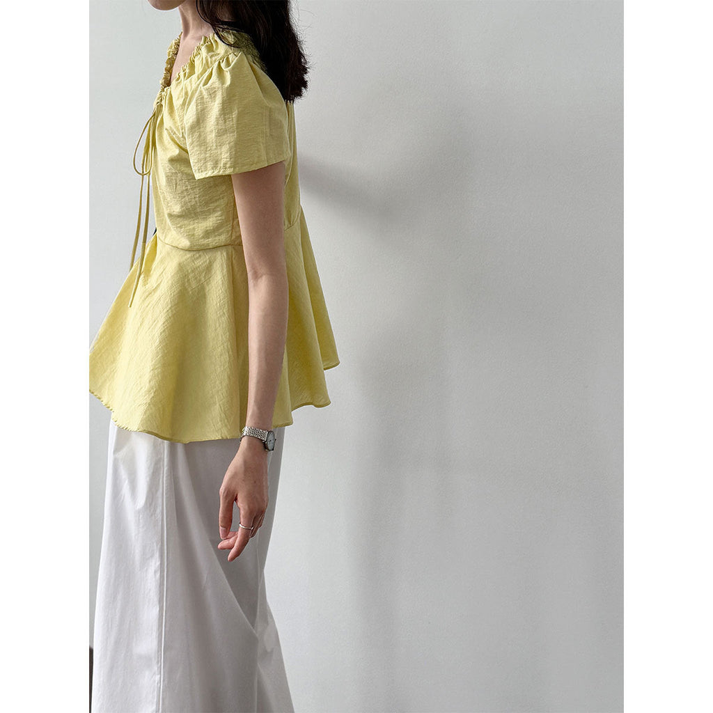 French retro V-neck pleated lace-up shirt short-sleeved women's summer new waist T-shirt top shirt
