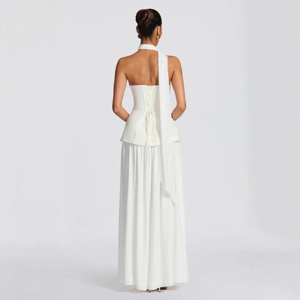 New gauze fishbone tube top dress waist backless streamer sexy European and American split skirt