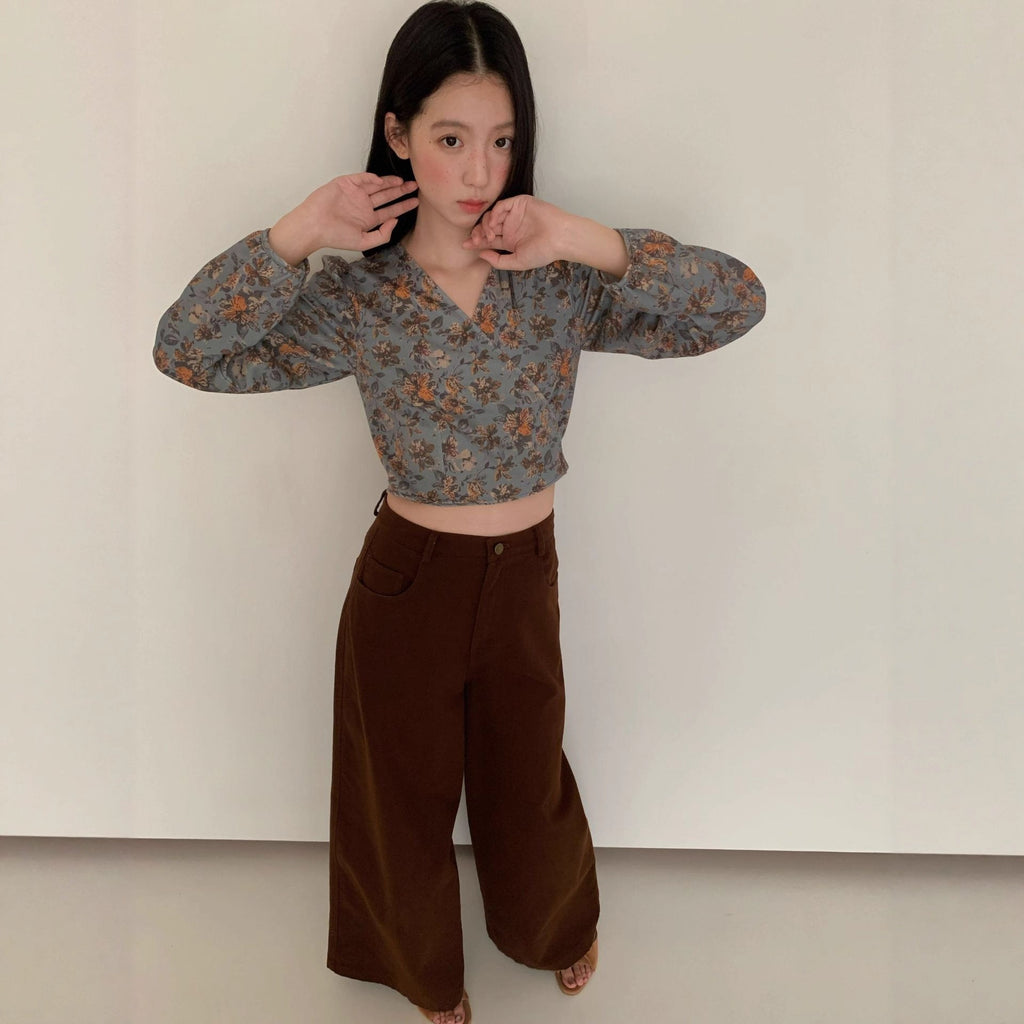 Floral shirt women's long-sleeved slim-fitting v-neck one-piece shirt