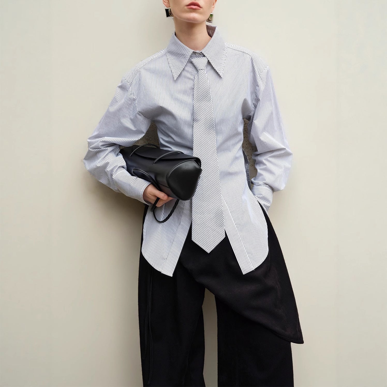 Simple striped shirt women can wear new design sense tie side slit top cross-border South East Asia