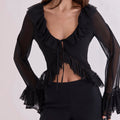 Wind fashion ruffled chiffon top slim fit with lace-up sexy see-through flared sleeve cardigan