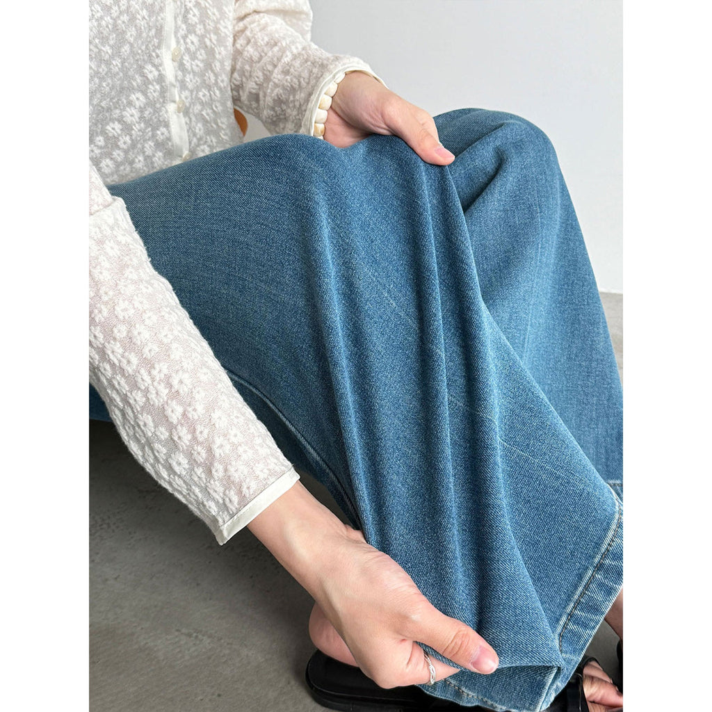 Korean simple four-sided elastic and thin with belt wide-leg pants women's 26 spring new jeans