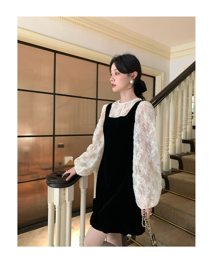 Temperament Velvet Skinny Square Neck Strap Dress
