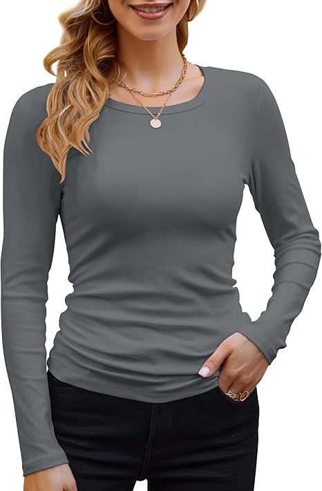 Ribbed Cotton Long Sleeve T-Shirt Women Solid Color Round Neck Slim Fit