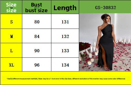 Year, single shoulder pucker split ends sexy satin dress summer temperament slim fit
