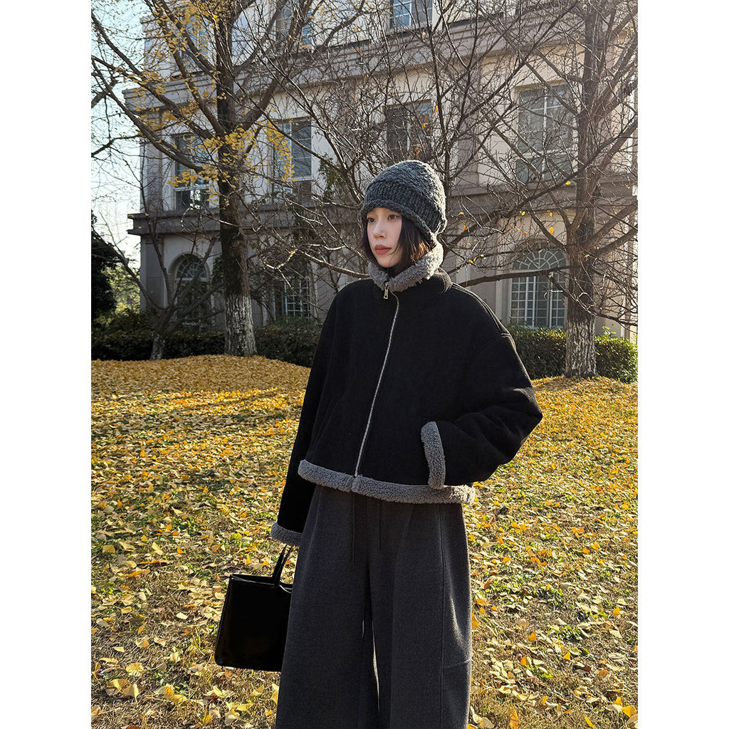 Korean stand-up collar suede spliced lamb wool short coat women's new winter versatile thermal top
