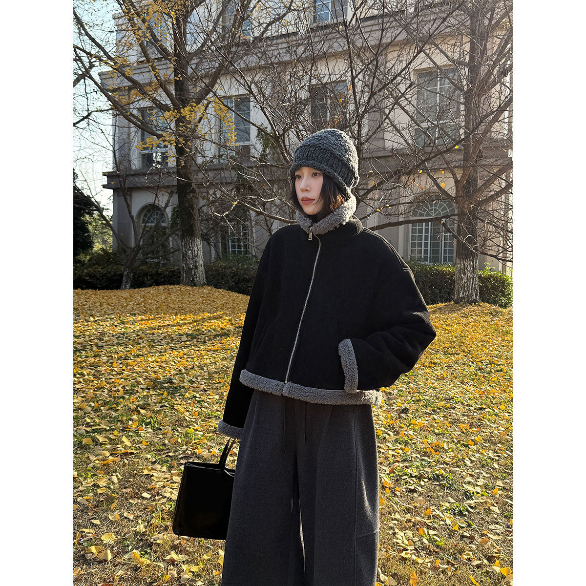Korean stand-up collar suede spliced lamb wool short coat women's new winter versatile thermal top