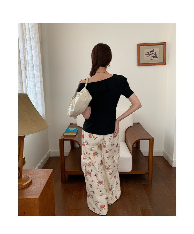 Gentle temperament design diagonal shoulder collar waist shirt