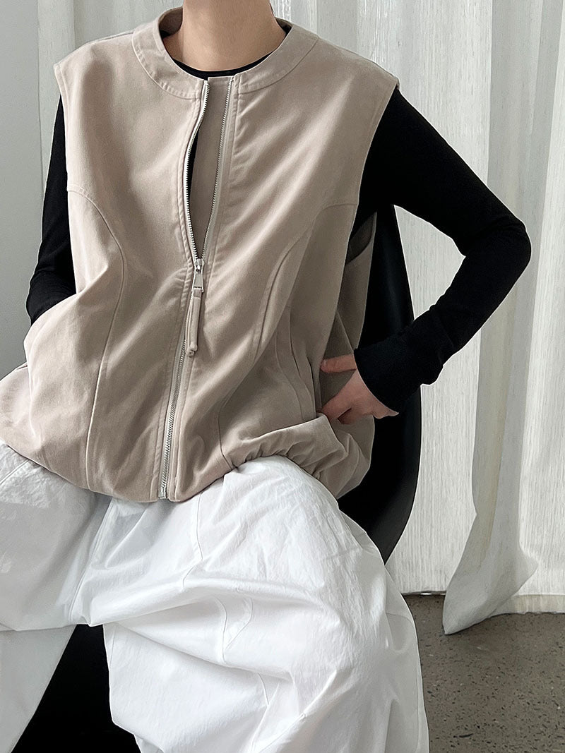 Korean retro suede, round neck sleeveless zipper vest, loose stacking in autumn, casual vest