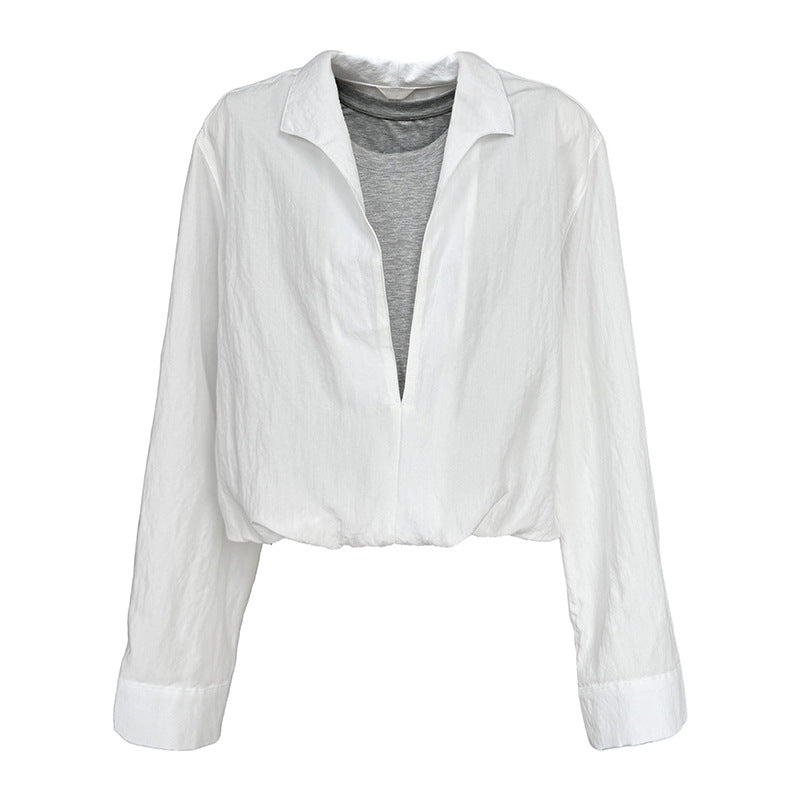 Korean simple fake two lazy style shirts in summer, a new spliced V-neck age-reducing long-sleeved shirt