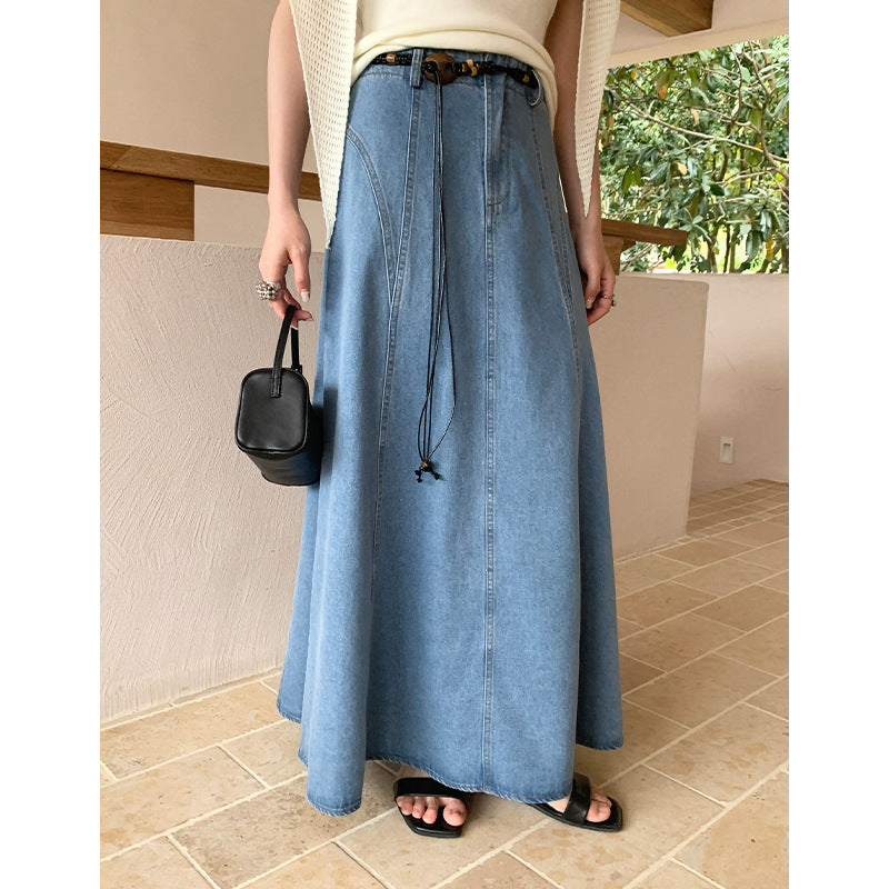 Retro denim skirt a-character spring with waist rope design sense thin big swing dress