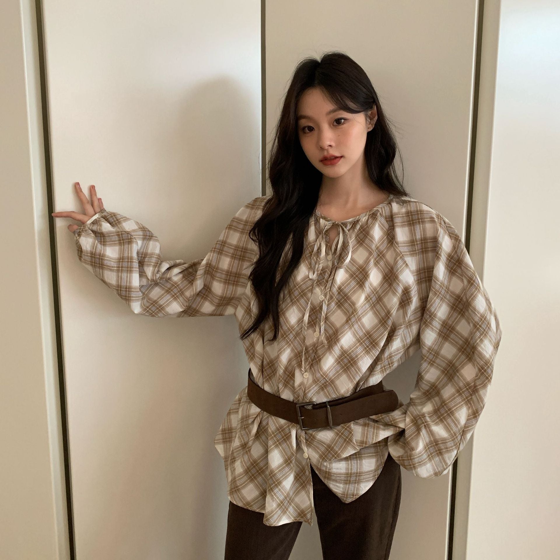 Loose Lace-Up Crew Neck Single-Breasted Long-Sleeve Checked Shirt