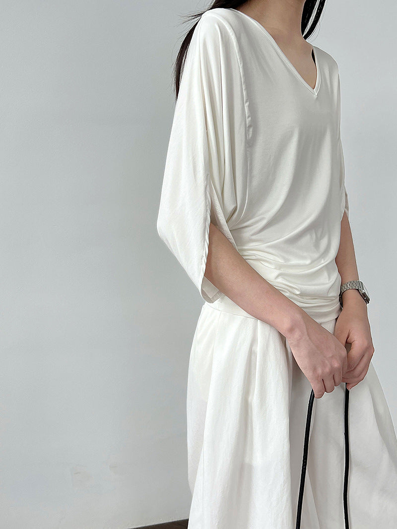 Korean Lazy Wind V-Neck Waist Bat Sleeve T-Shirt Women's Summer New Skinny Short Sleeve Top