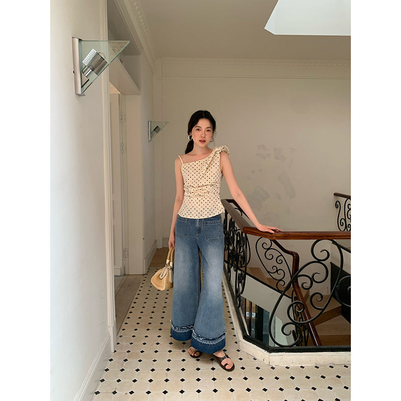 Washed light blue crimped woolen straight jeans